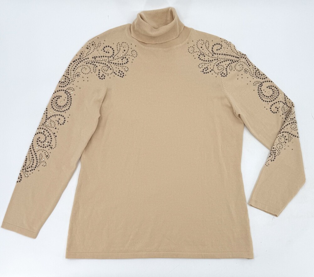 Reba Sweater Womens Large Beige Studded Turtleneck Long Sleeve PUllover